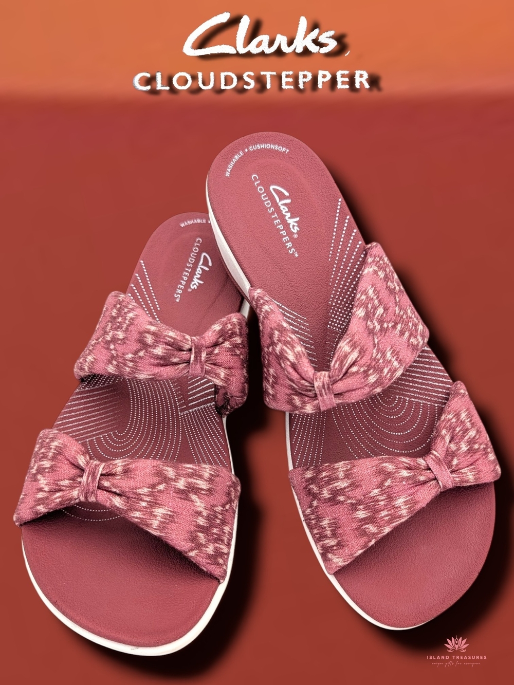 Clarks Cloudsteppers Arla Shore Sz 9.5 Rose Tweed Bow Cushioned Platform Sandals